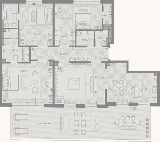 Планировка: 3-к, 174,8 м²