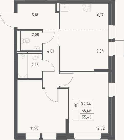 Планировка: 3-к, 55,5 м²