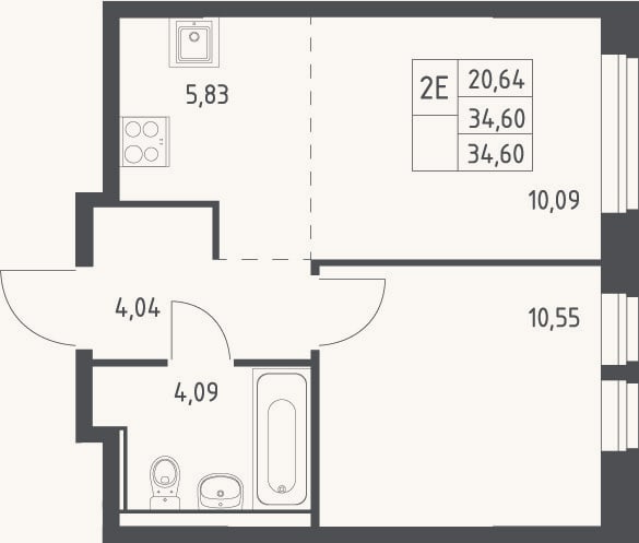 Планировка: 2-к, 34,6 м²