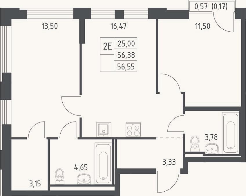 Планировка: 3-к, 56,4 м²