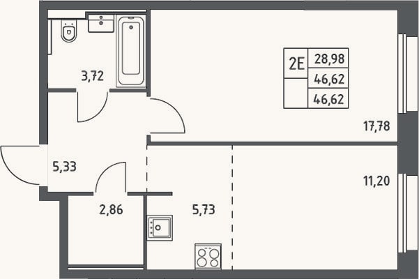 Планировка: 2-к, 46,6 м²