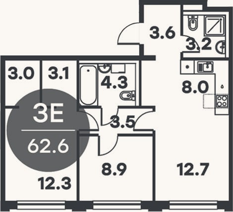Планировка: 3-к, 62,6 м²
