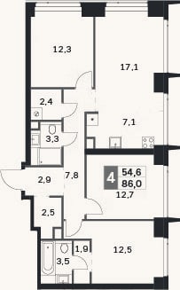 Планировка: 4+ к, 86 м²