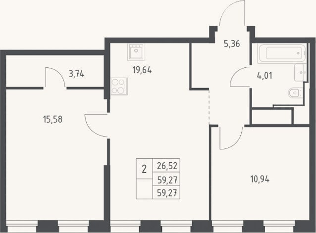 Планировка: 3-к, 59,3 м²