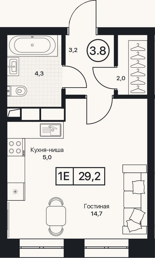 Планировка: Студия, 29,2 м²