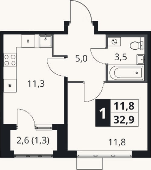 Планировка: 1-к, 31,6 м²