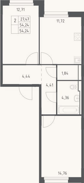 Планировка: 2-к, 54,2 м²