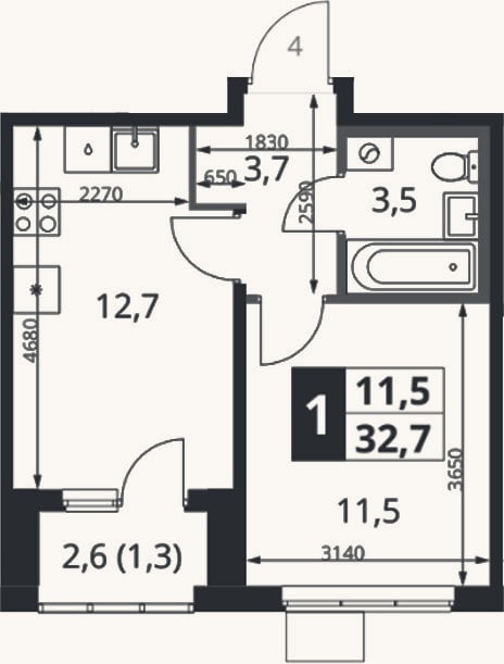 Планировка: 1-к, 31,4 м²