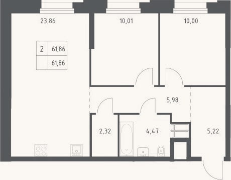 Планировка: 2-к, 61,9 м²