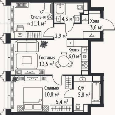 Планировка: 3-к, 63,4 м²