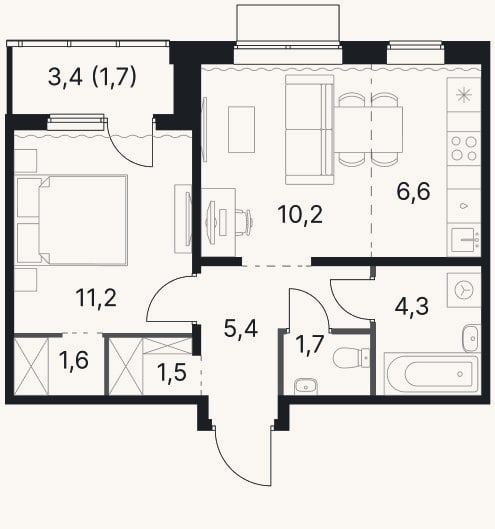 Планировка: 2-к, 42,5 м²