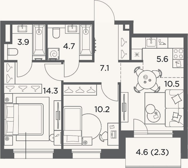 Планировка: 3-к, 56,3 м²