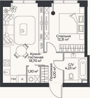Планировка: 2-к, 40,5 м²