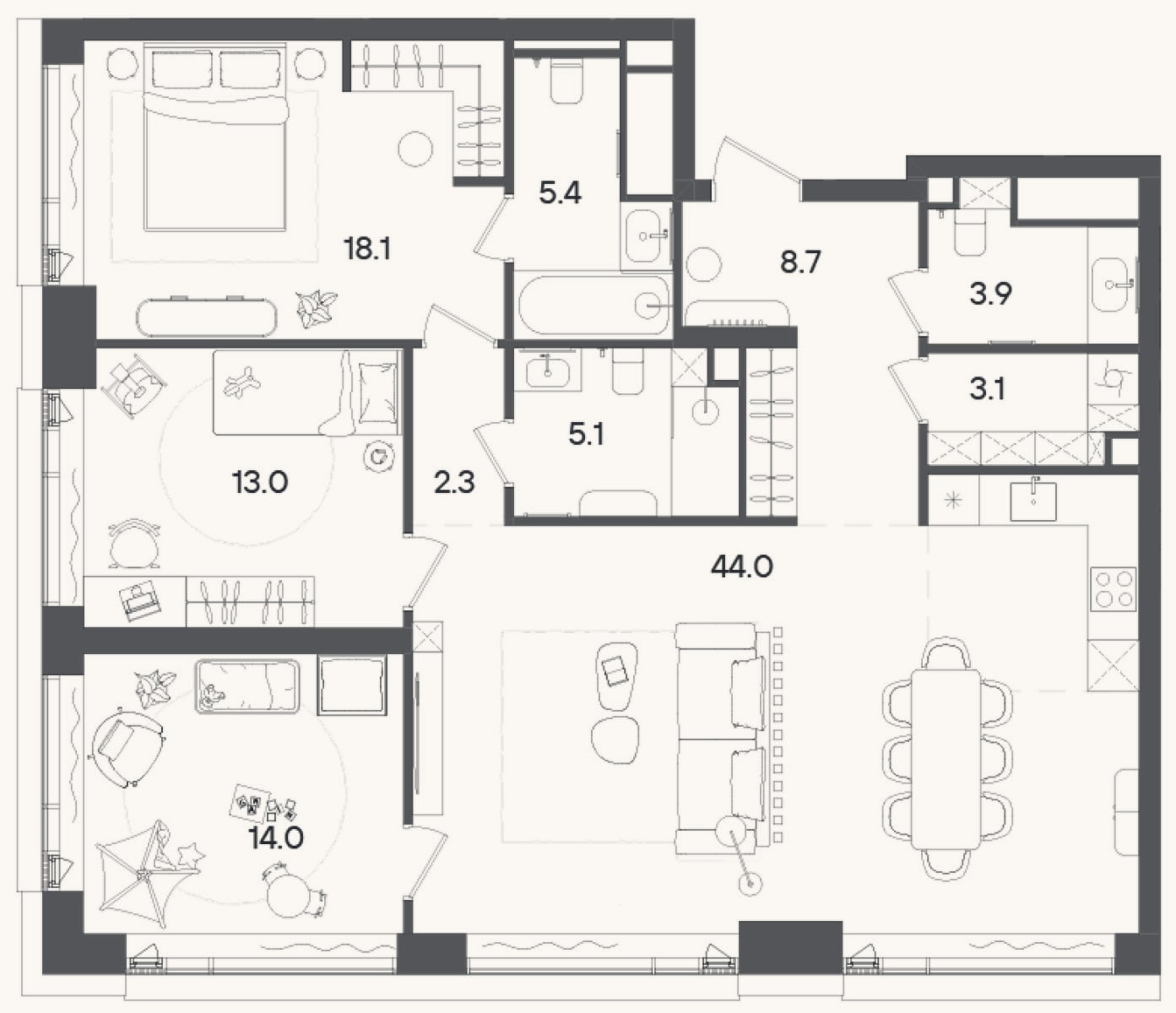 Планировка: 4+ к, 117,6 м²