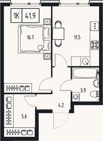 Планировка: 1-к, 41,9 м²