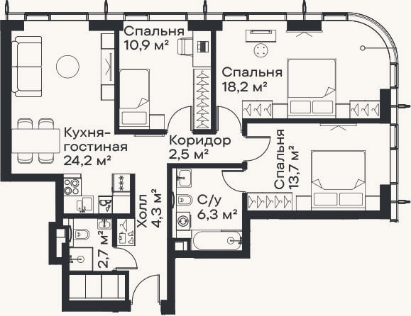 Планировка: 4+ к, 82,8 м²