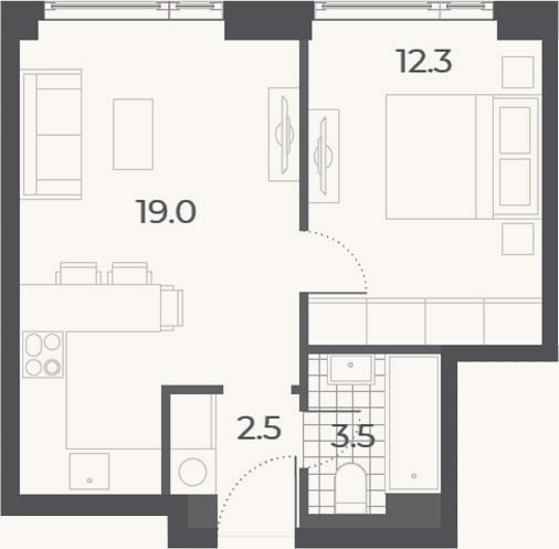 Планировка: 2-к, 37,3 м²