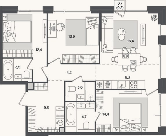 Планировка: 4+ к, 90,1 м²