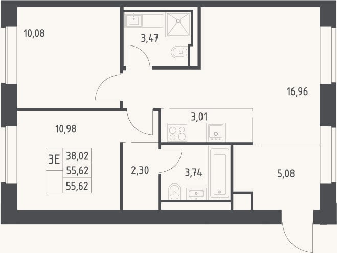 Планировка: 3-к, 55,6 м²