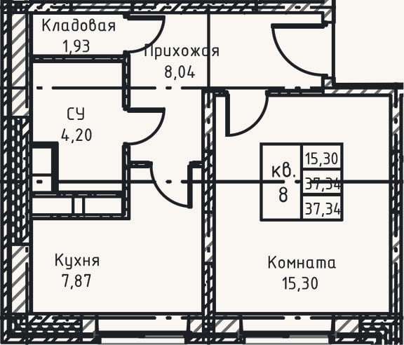 Планировка: 1-к, 37,3 м²