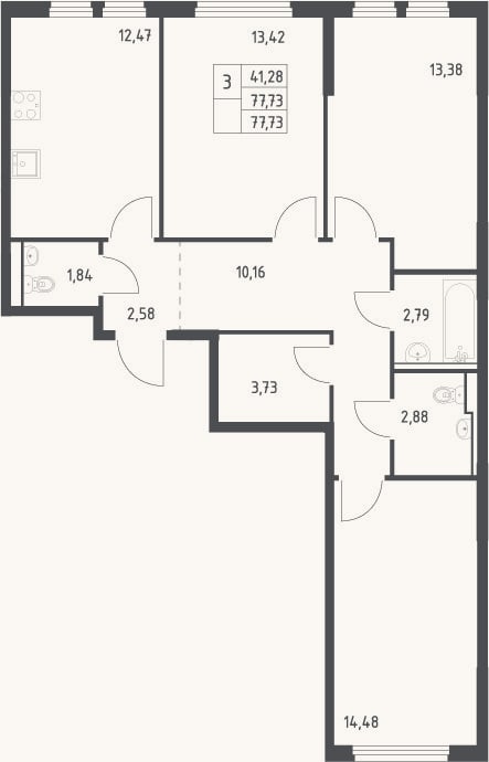 Планировка: 3-к, 77,7 м²