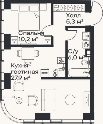 Планировка: 2-к, 49,4 м²