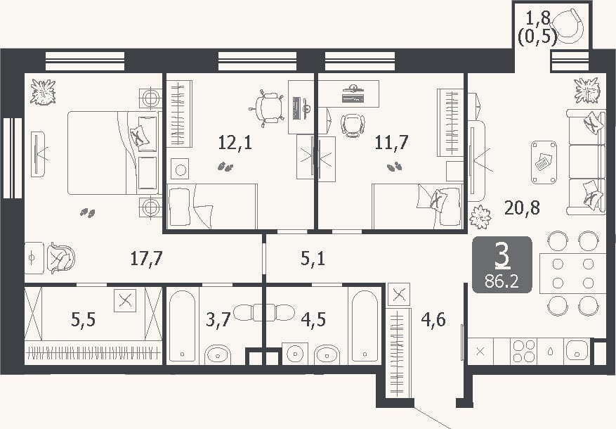 Планировка: 4+ к, 85,7 м²