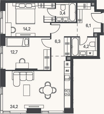Планировка: 3-к, 71,1 м²