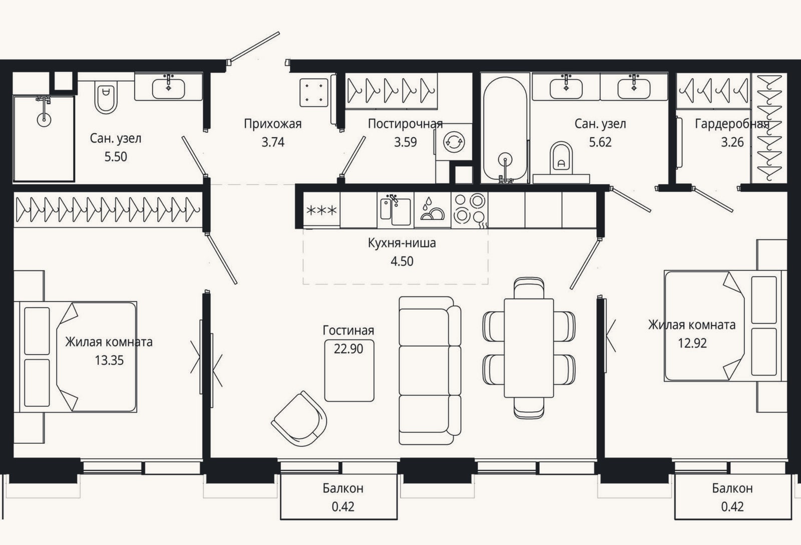 Планировка: 3-к, 75,6 м²