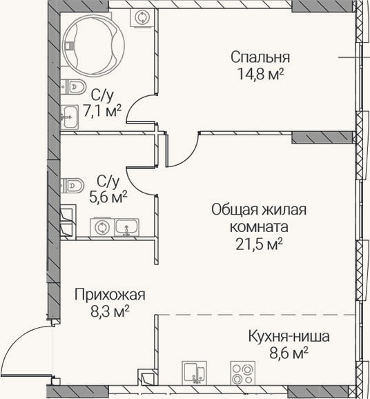 Планировка: 2-к, 65,9 м²