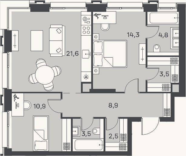 Планировка: 3-к, 70 м²