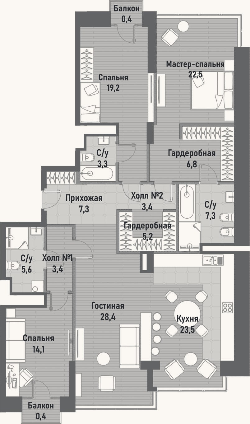 Планировка: 4+ к, 151,7 м²