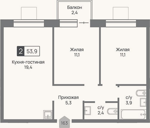 Планировка: 3-к, 53,2 м²