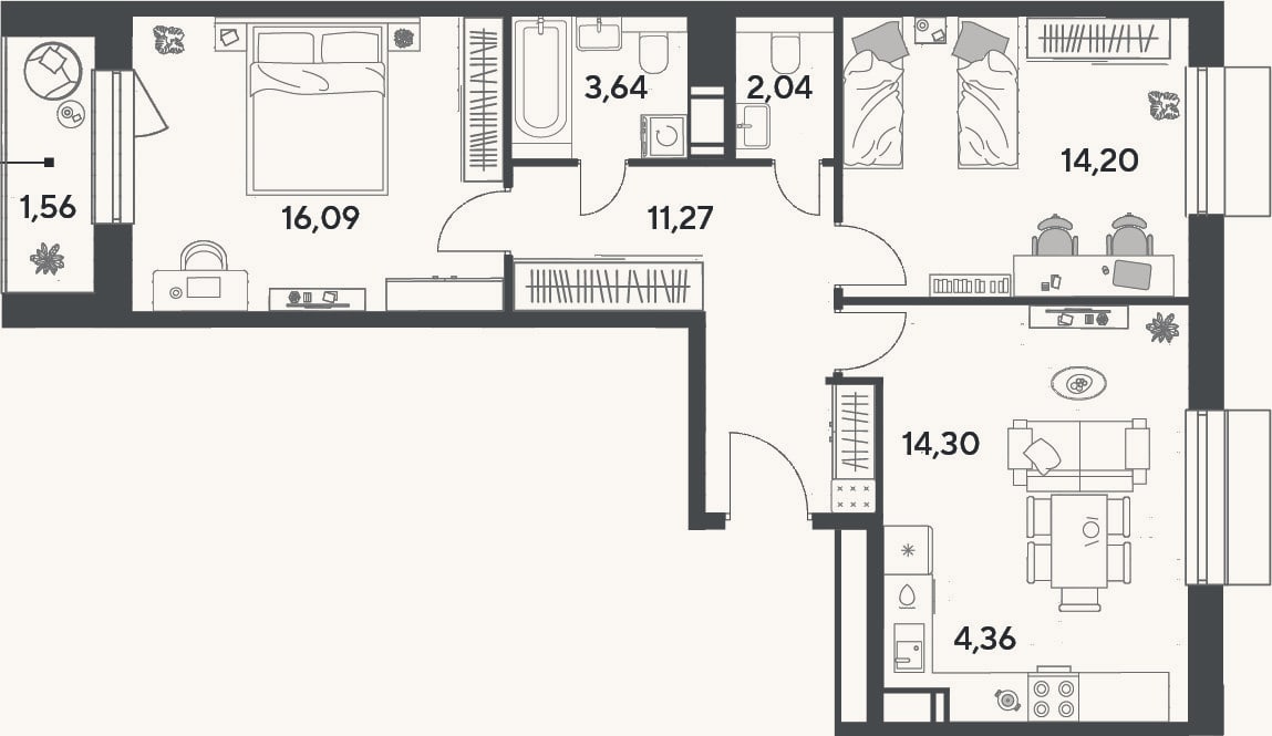 Планировка: 3-к, 65,9 м²