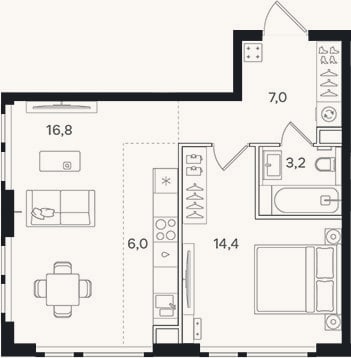 Планировка: 2-к, 47,4 м²