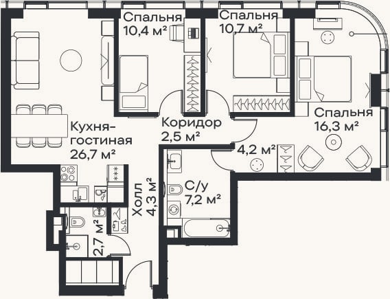 Планировка: 4+ к, 85 м²