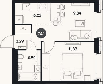 Планировка: 2-к, 33,5 м²