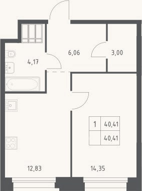 Планировка: 1-к, 40,4 м²