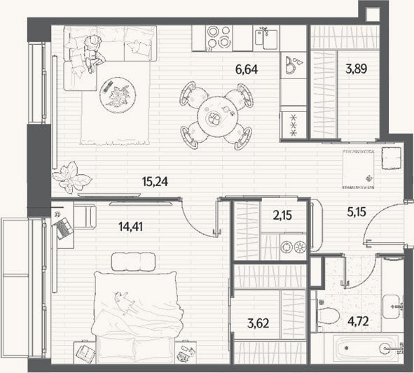 Планировка: 2-к, 55,8 м²