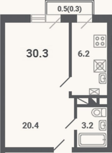 Планировка: 1-к, 30 м²
