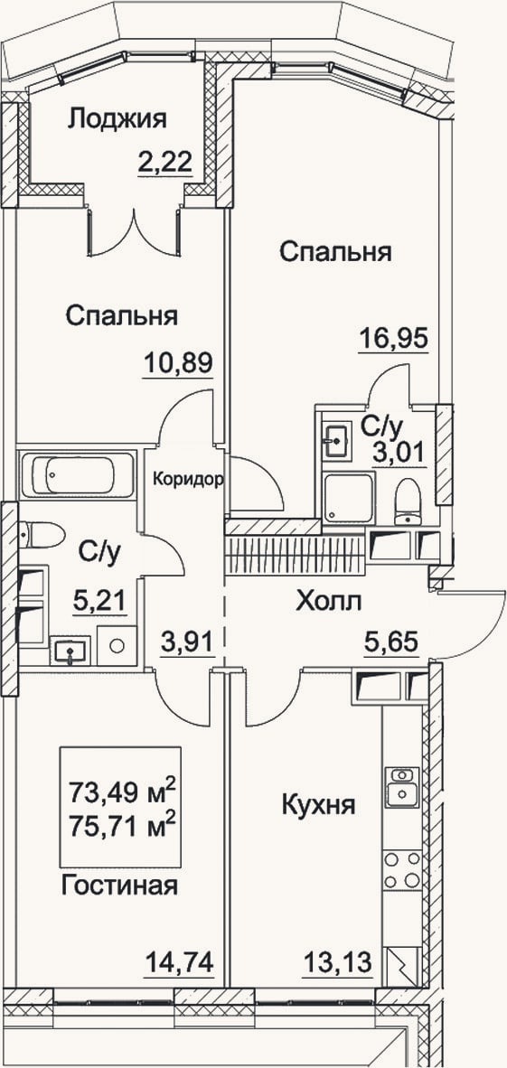 Планировка: 3-к, 73,5 м²