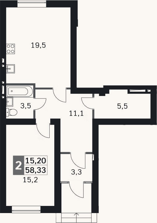 Планировка: 2-к, 58,3 м²