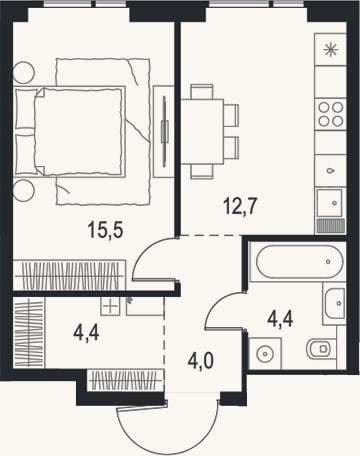 Планировка: 1-к, 41 м²