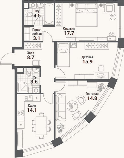 Планировка: 3-к, 82,4 м²