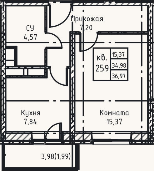Планировка: 1-к, 37,7 м²