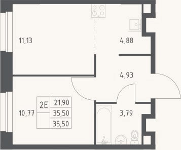 Планировка: 2-к, 35,5 м²