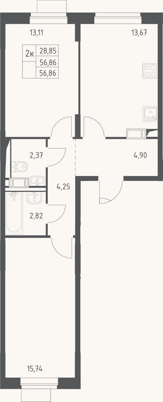 Планировка: 2-к, 56,9 м²