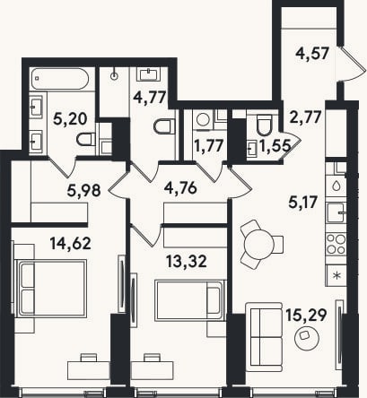 Планировка: 3-к, 79,8 м²