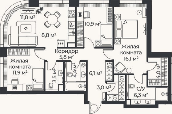 Планировка: 4+ к, 92,6 м²