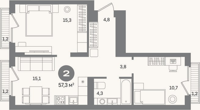 Планировка: 2-к, 53,7 м²